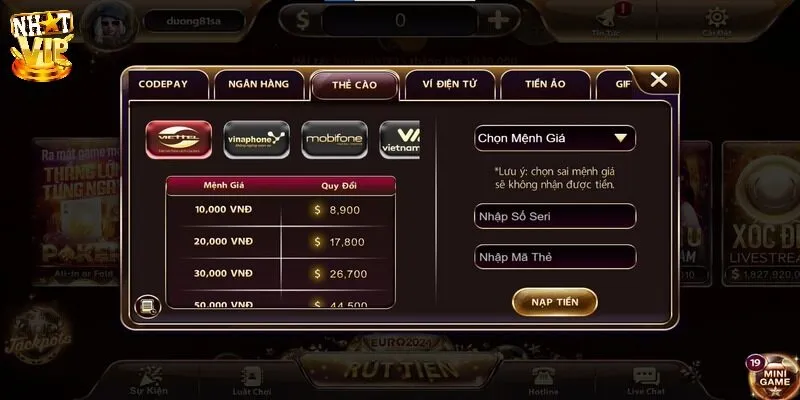 Nạp Tiền Nạp tiền tài khoản Nhatvip bằng thẻ cào